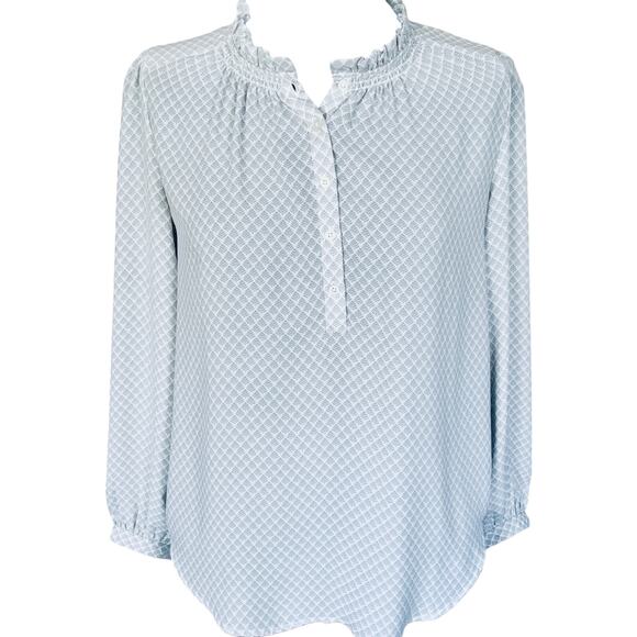 LOFT Size Med White Gray Blouse Feather Ruffled Neck 5 Button Front Long Sleeves - Picture 1 of 6